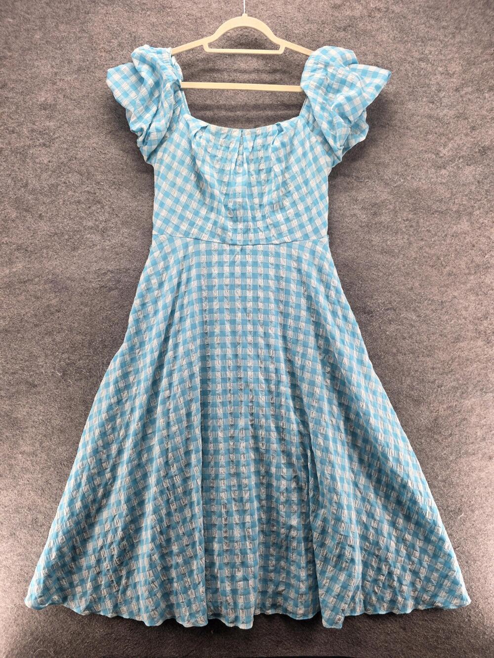 Maison Tara Dress Womens 10 Blue Fit & Flare Sundress Midi Square Neck Lined